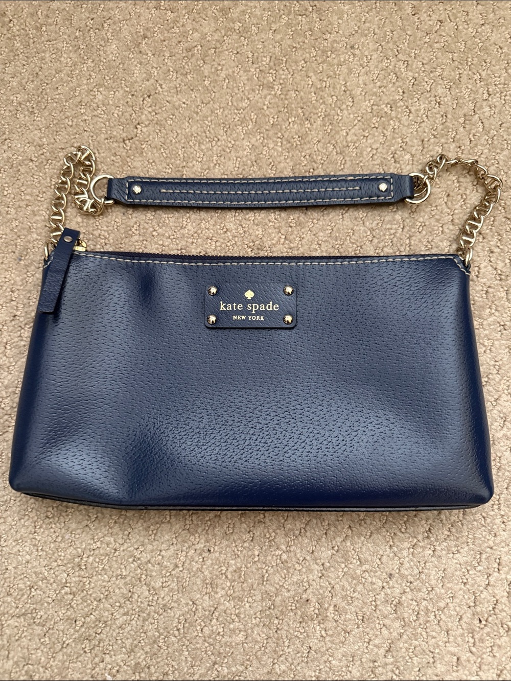 kate spade navy pebbled leather shoulder bag with gold chain